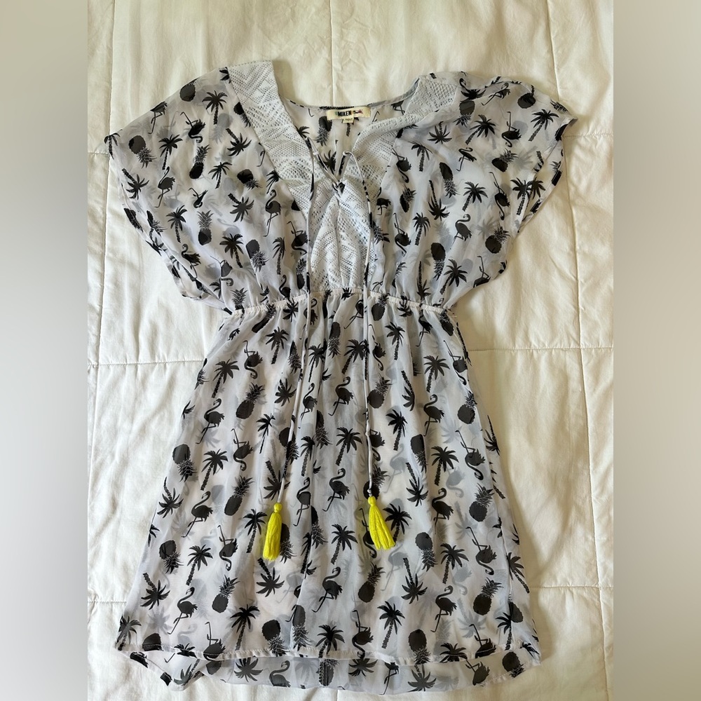 Miken Black and White Palm Print Swim Coverup
